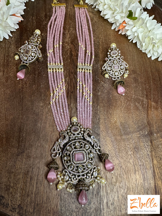 5 Layer Pink Bead Chain With Victorian Finish Pendent And Earring Necklace