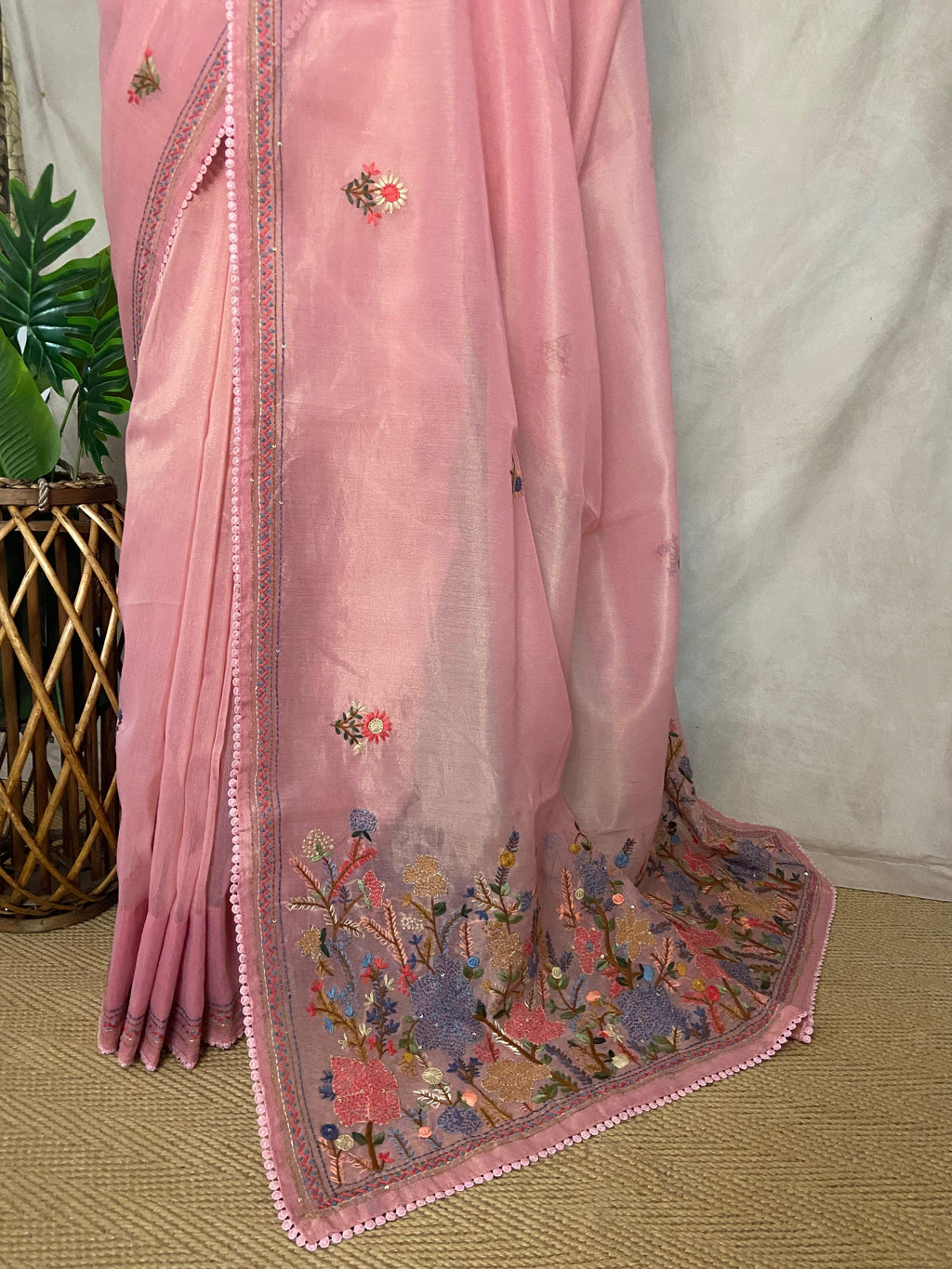 Tissue cotton saree with handwork and stitched blouse