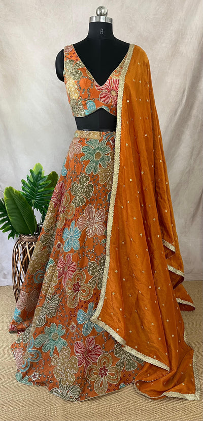 Orange tissue lehanga with work