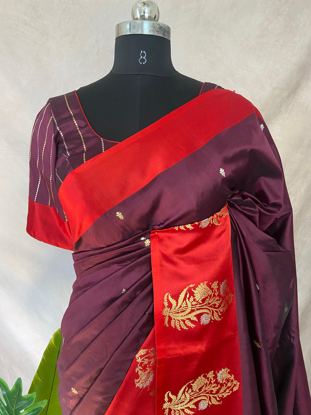 Brown pure raw mango silk saree with mashru silk border and stitched blouse