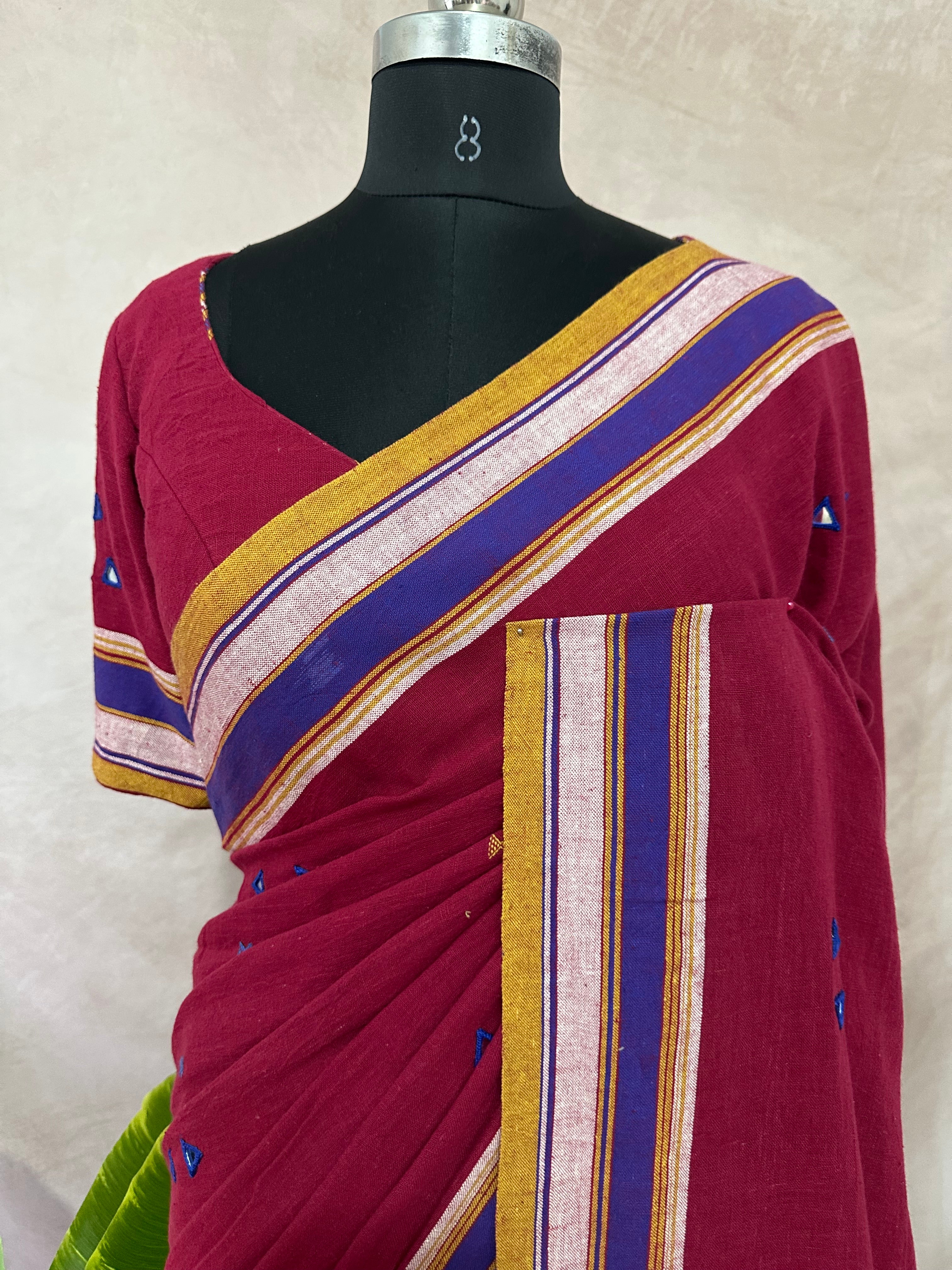 Organic Kala cotton handloom saree with mirror work , stitched blouse
