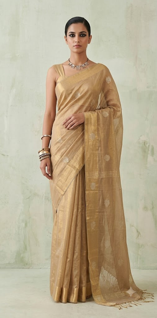 Handloom Gold cotton tissue saree with lotus jamdani weave ,