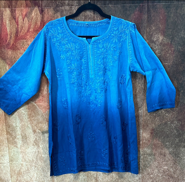 Blue ombre chikankari short kurti