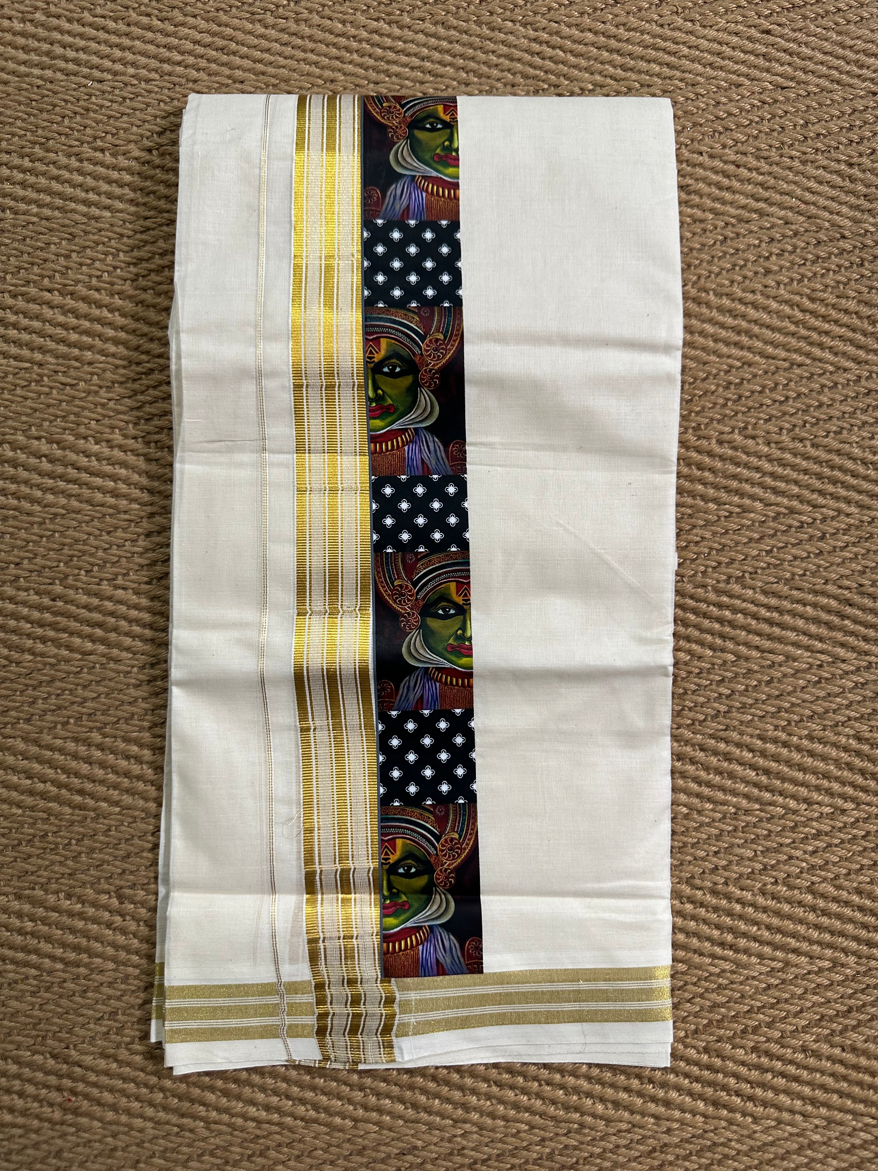 Cotton dhothi with kadhakali face print border