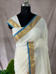 Mulcotton saree with blue and gold border