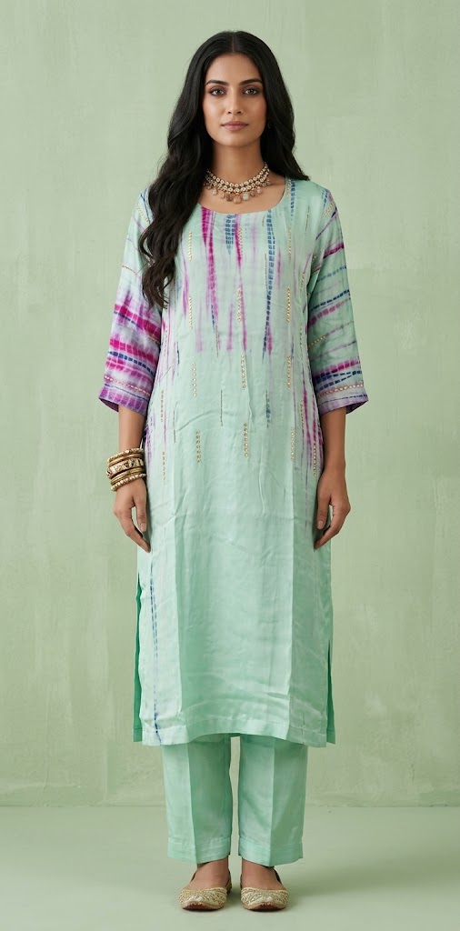 Modal silk shibori designer kurti with handwork and bottom