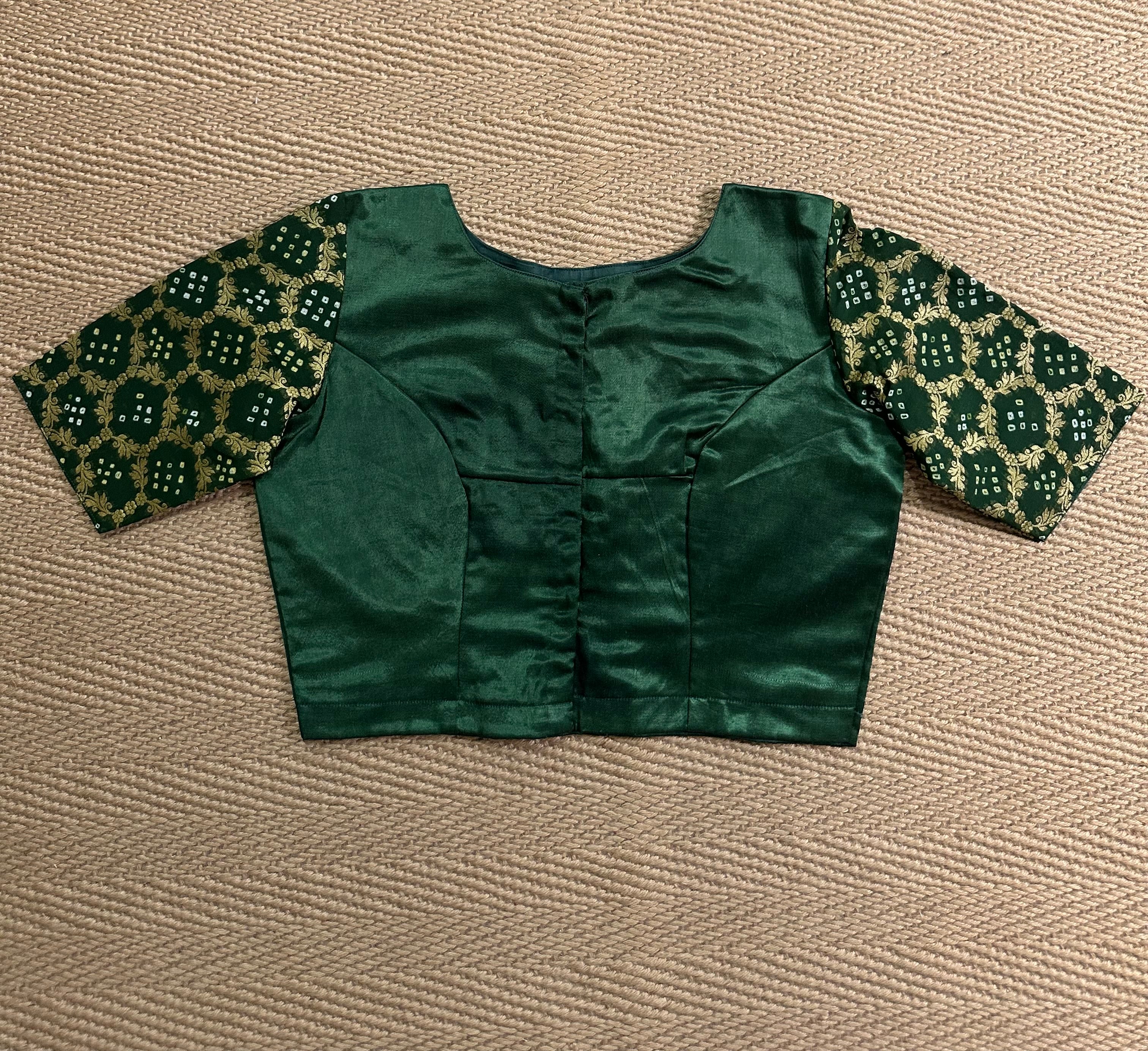 Bottle green modal silk blouse with mirror work and hand Kutch Embroidery