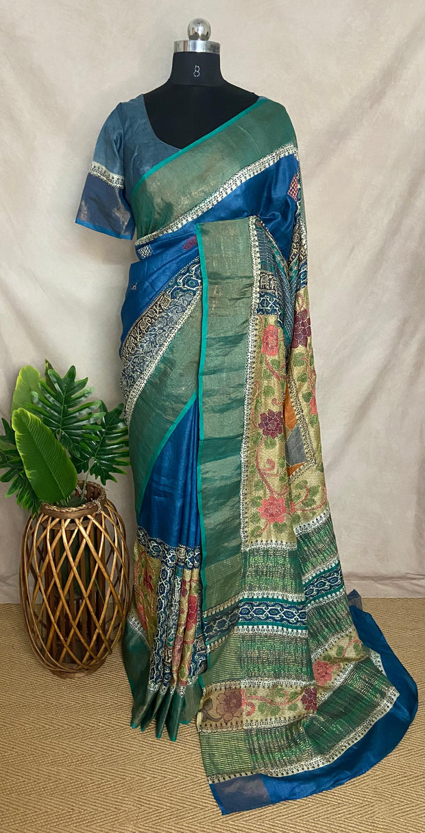 Pure tussar silk saree with Kantha work and stitched blouse