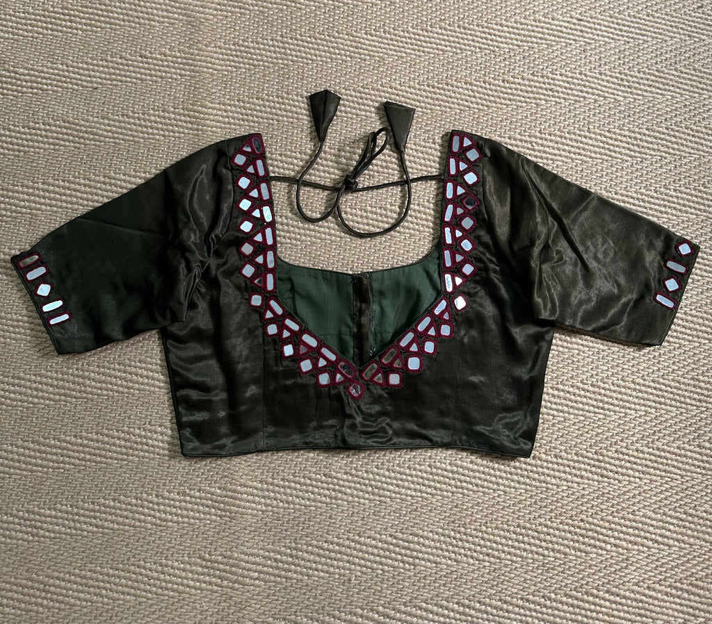 Dark olive green modal silk blouse with mirror work