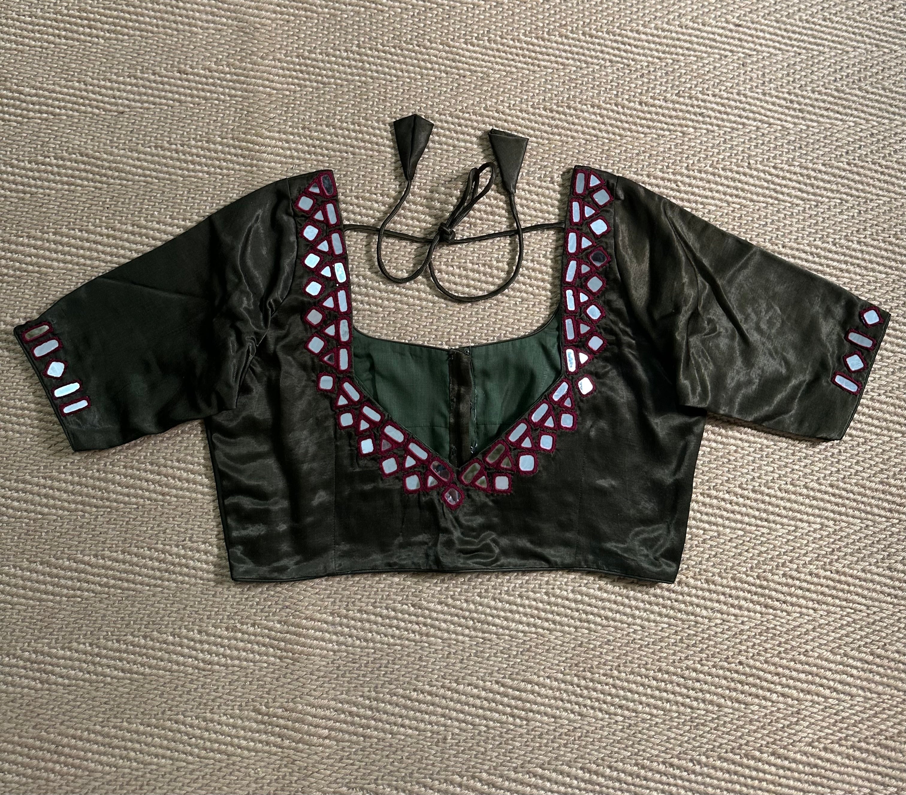 Dark olive green modal silk blouse with mirror work