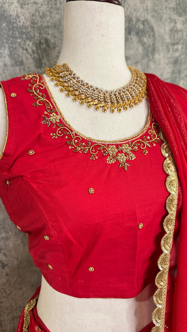 Red Banarsi Skirt with Blouse and Dupatta