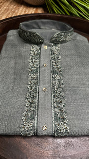 Grey linen silk kurta with hand embroidery - 40