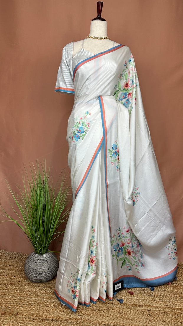 Aliya Bhatt White floral printed pure satin silk saree with stitched blouse