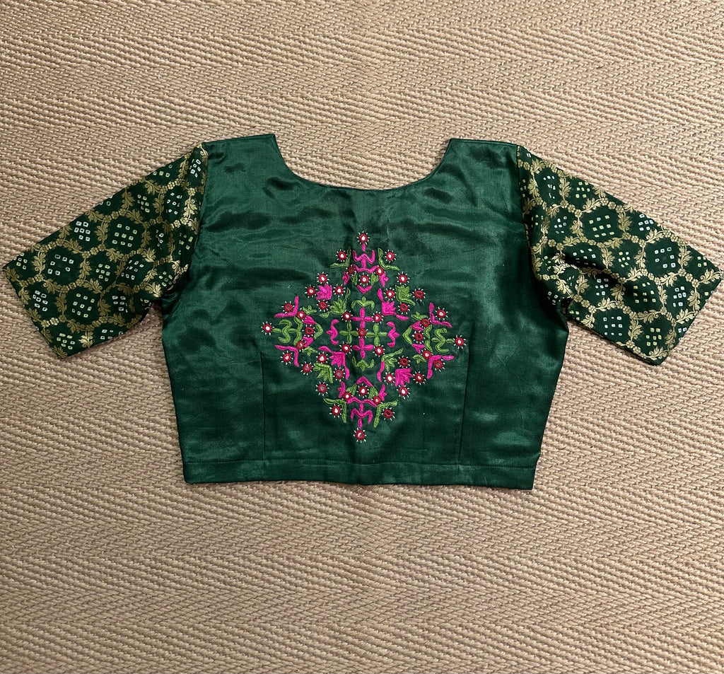 Bottle green modal silk blouse with mirror work and hand Kutch Embroidery