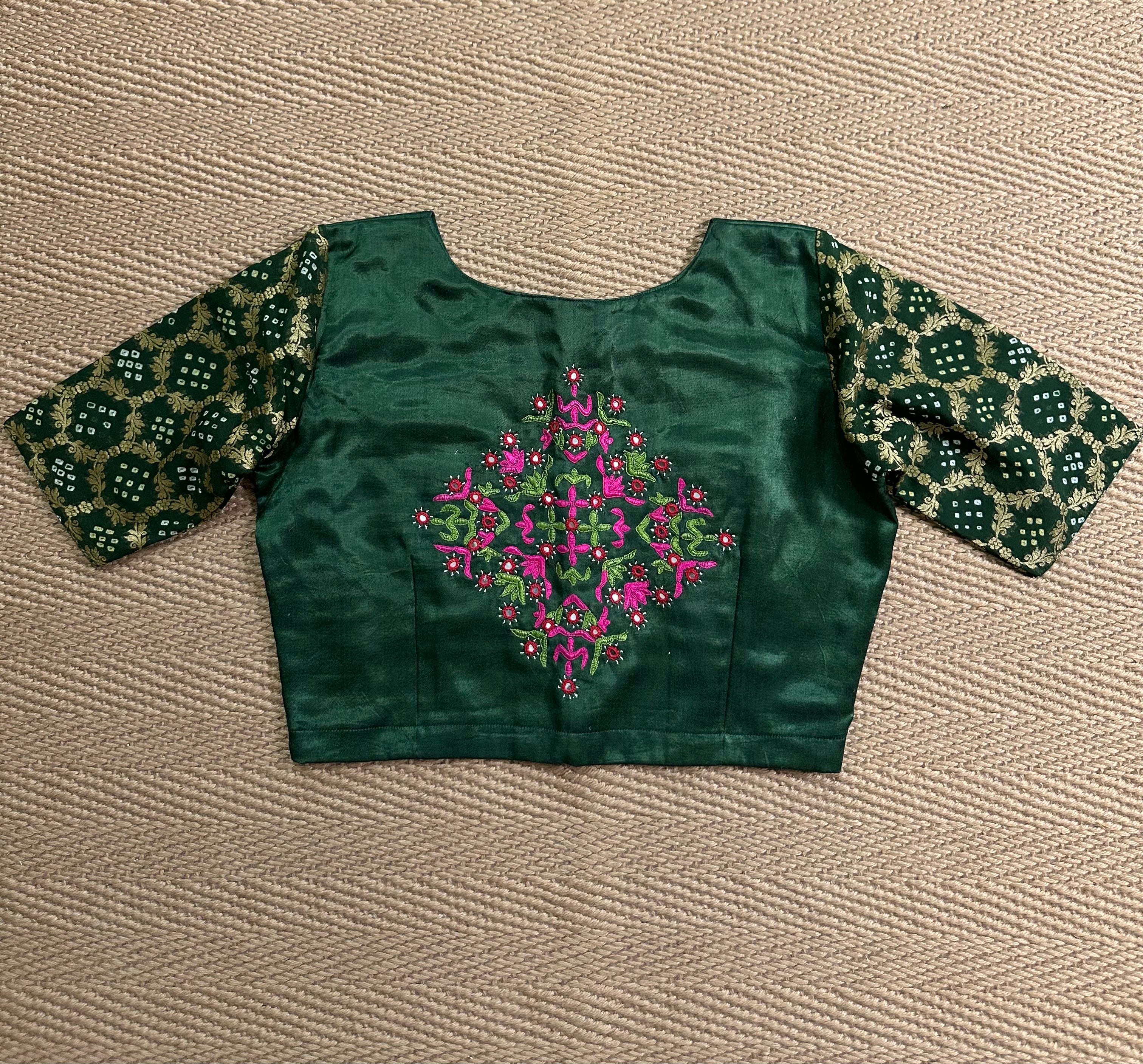 Bottle green modal silk blouse with mirror work and hand Kutch Embroidery