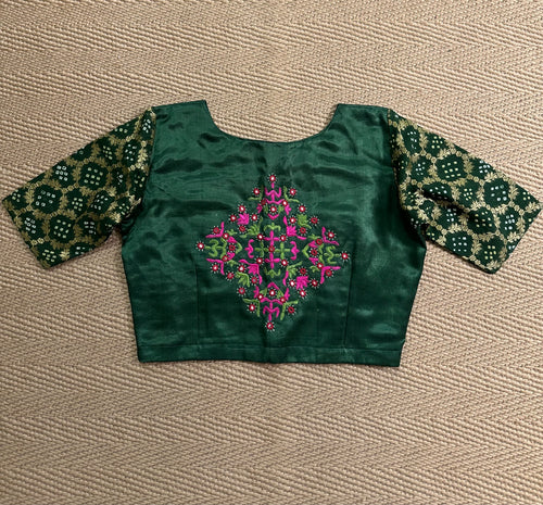Bottle green modal silk blouse with mirror work and hand Kutch Embroidery
