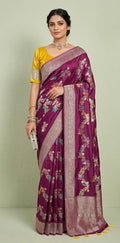 Semi crepe georgette saree with meenakari weave and contrast blouse