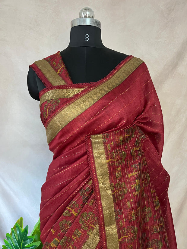 Maroon tussar silk saree the print and and kantha work , with BP