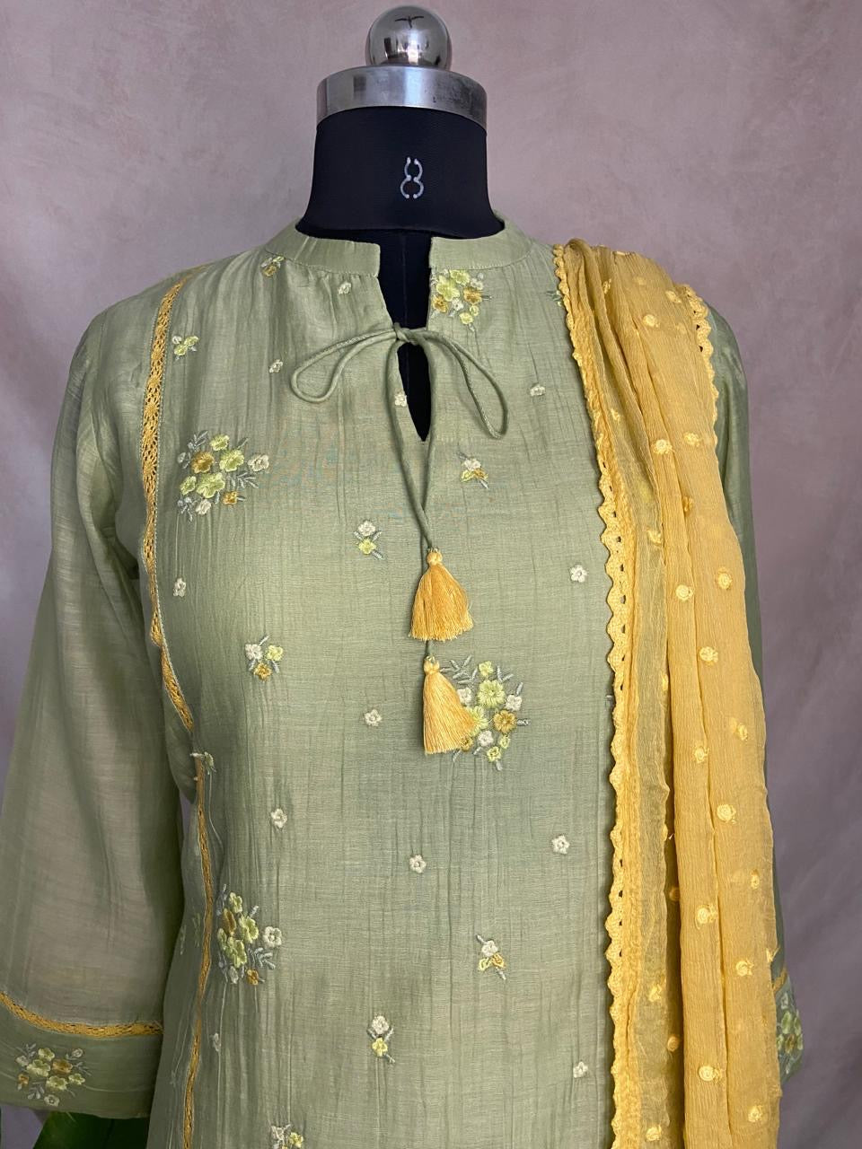 Light green chandri kurti with bottom and dupatta