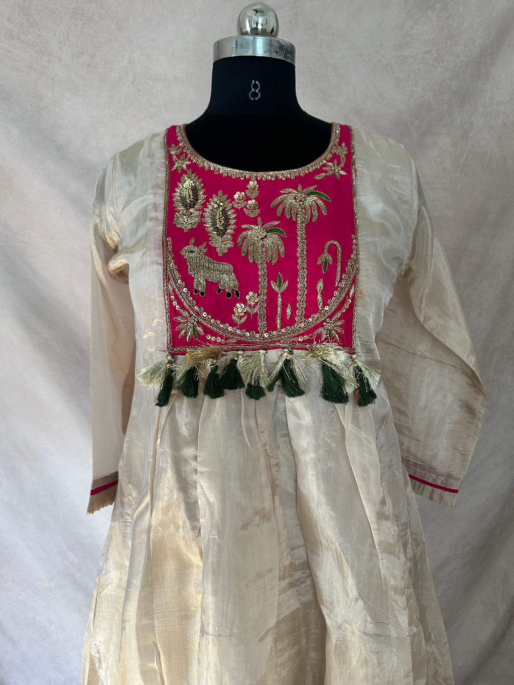 cream color tissue silk kurti with handwork, with bottom and dupatta