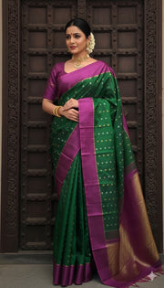 Bottle Green and Purple Kanchivaram Silk Handwoven Saree with Stitched Blouse