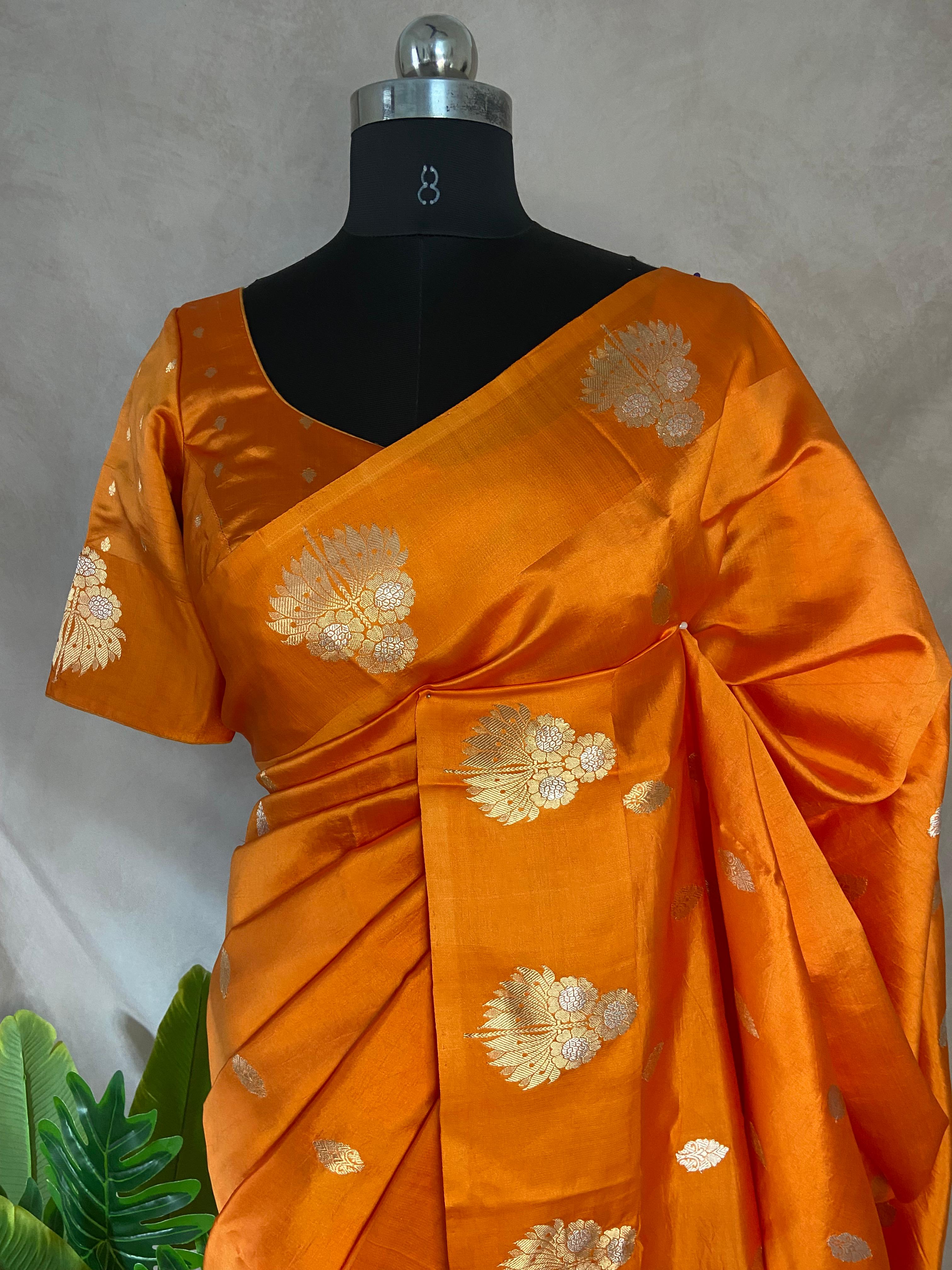 Orange pure raw mango silk saree with stitched blouse