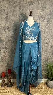 Pastel blue Crepe drape skirt , short top and shrug (fits to M/L/XL)