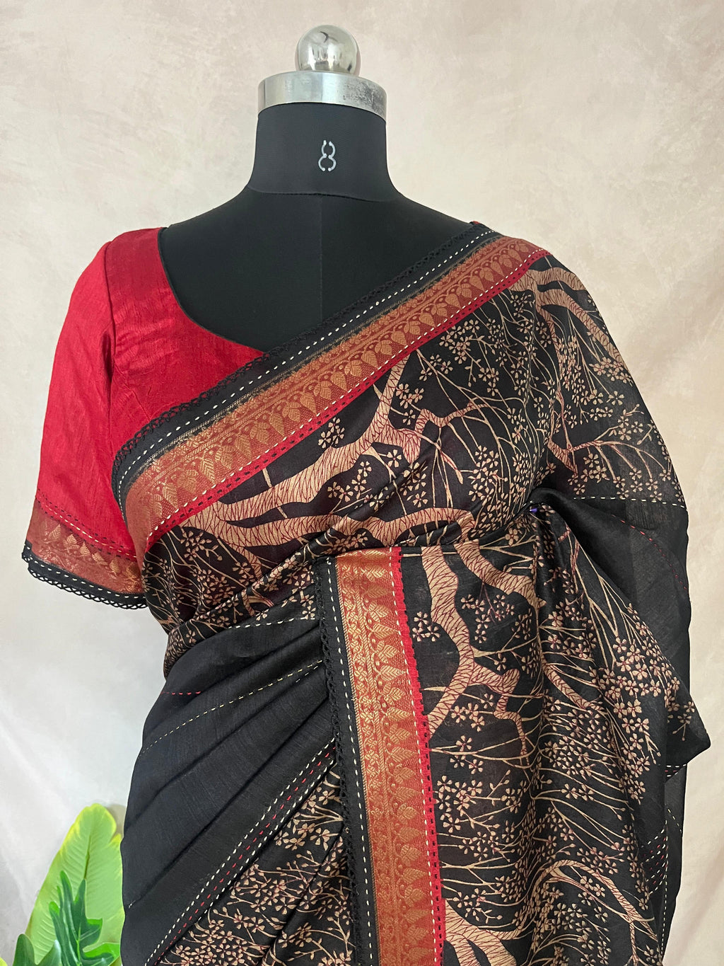Printed blended tussar silk saree with kanta work and stitched blouse