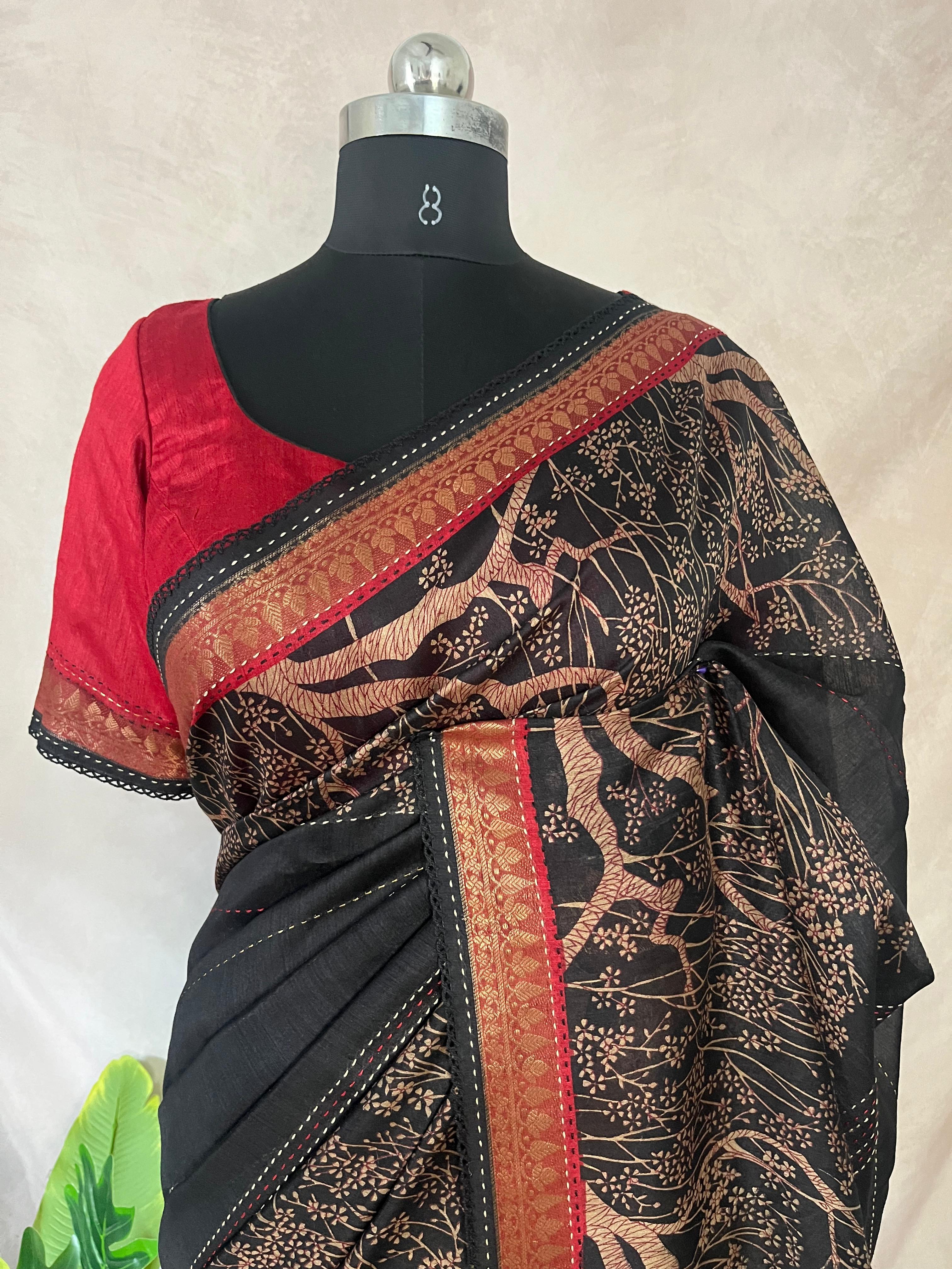 Printed blended tussar silk saree with kanta work and stitched blouse