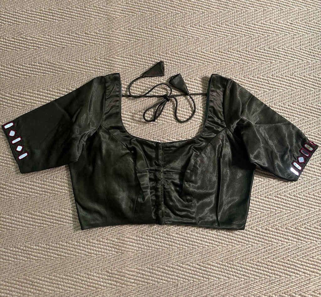 Dark olive green modal silk blouse with mirror work