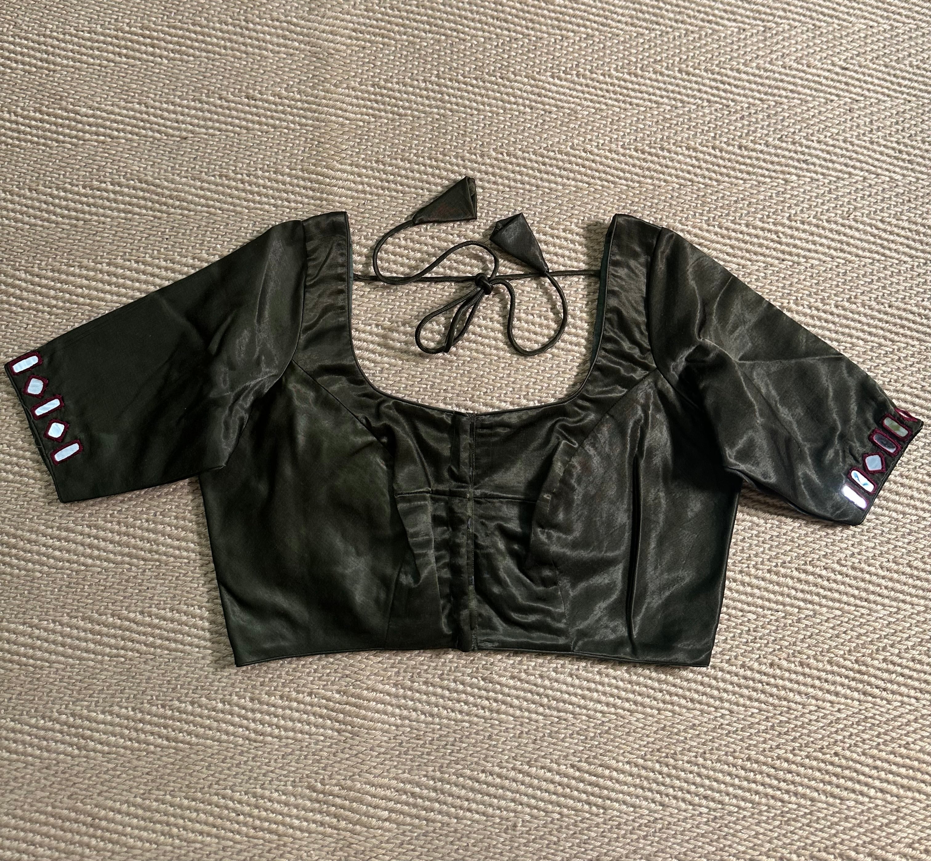 Dark olive green modal silk blouse with mirror work