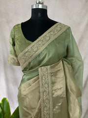 Green organze tissue saree with stitched blouse