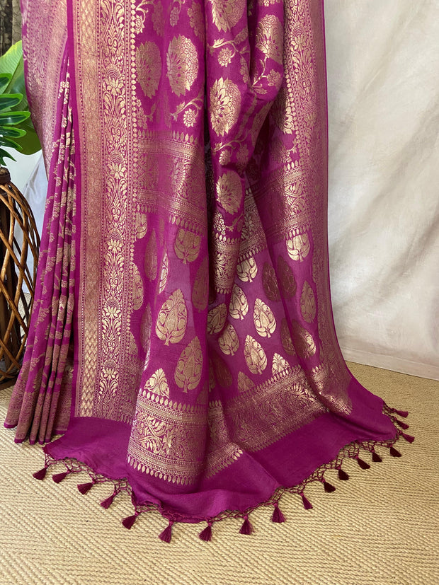 Majenta pure tussar silk saree eith stitched blouse