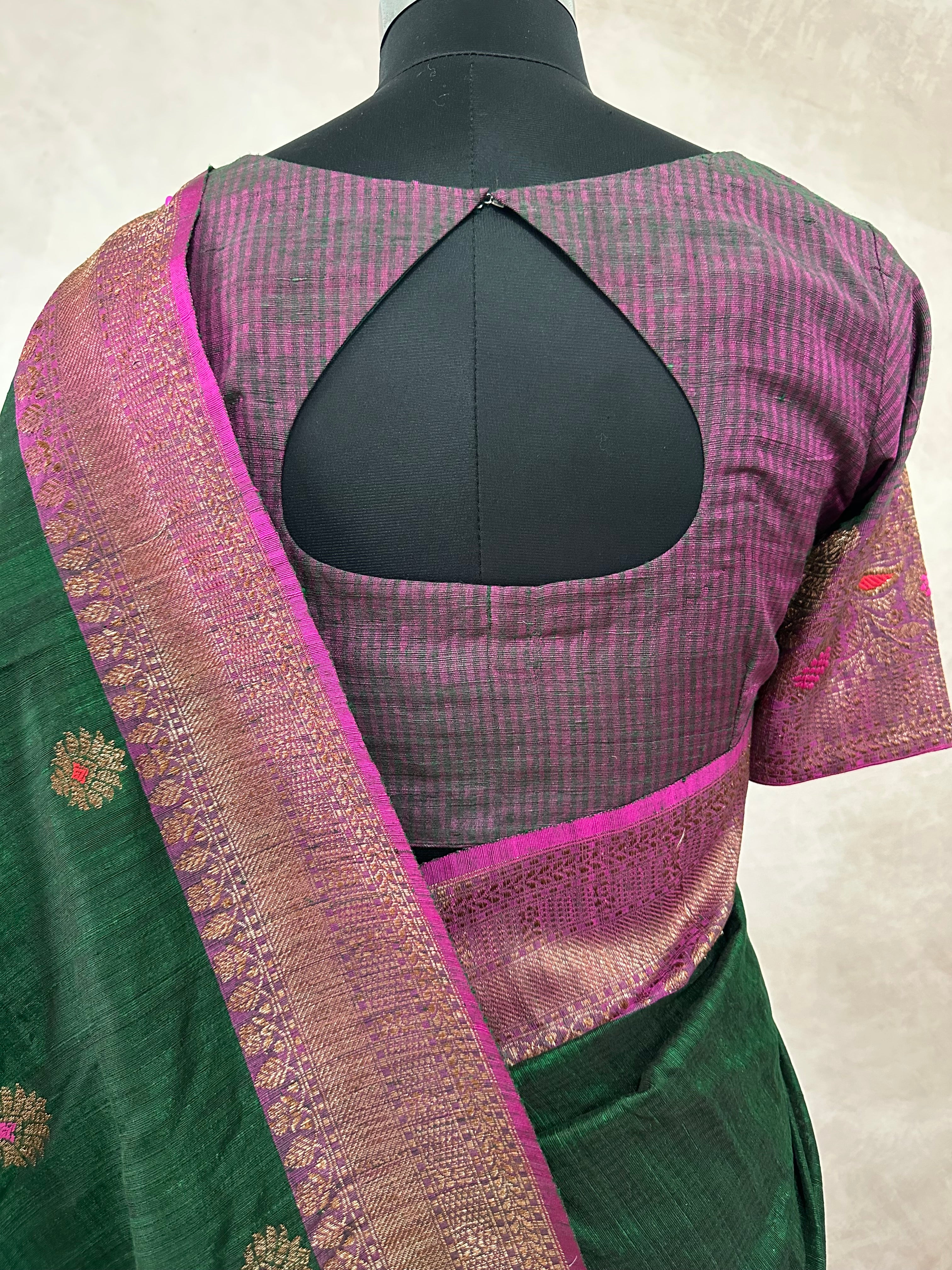 Bottle green dupion silk saree with meenakari weave and stitched blouse