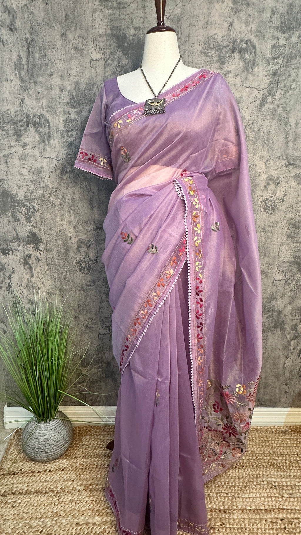 Tissue cotton saree with handwork and stitched blouse