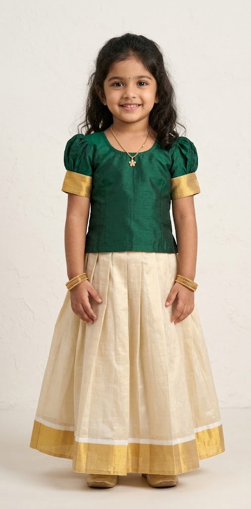 4-5 yr Kerala Gold Kasavu Tissue Skirt with Green silk crop top