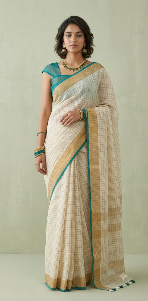 Linen saree with small  check  and green border