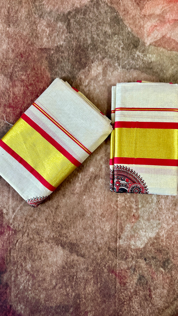 Tissue Set mundu with red lines
