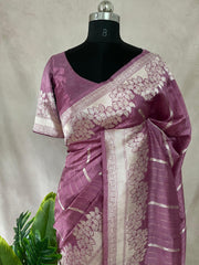 Onion pink Pure raw mango silk saree with silver border, with stitched blouse