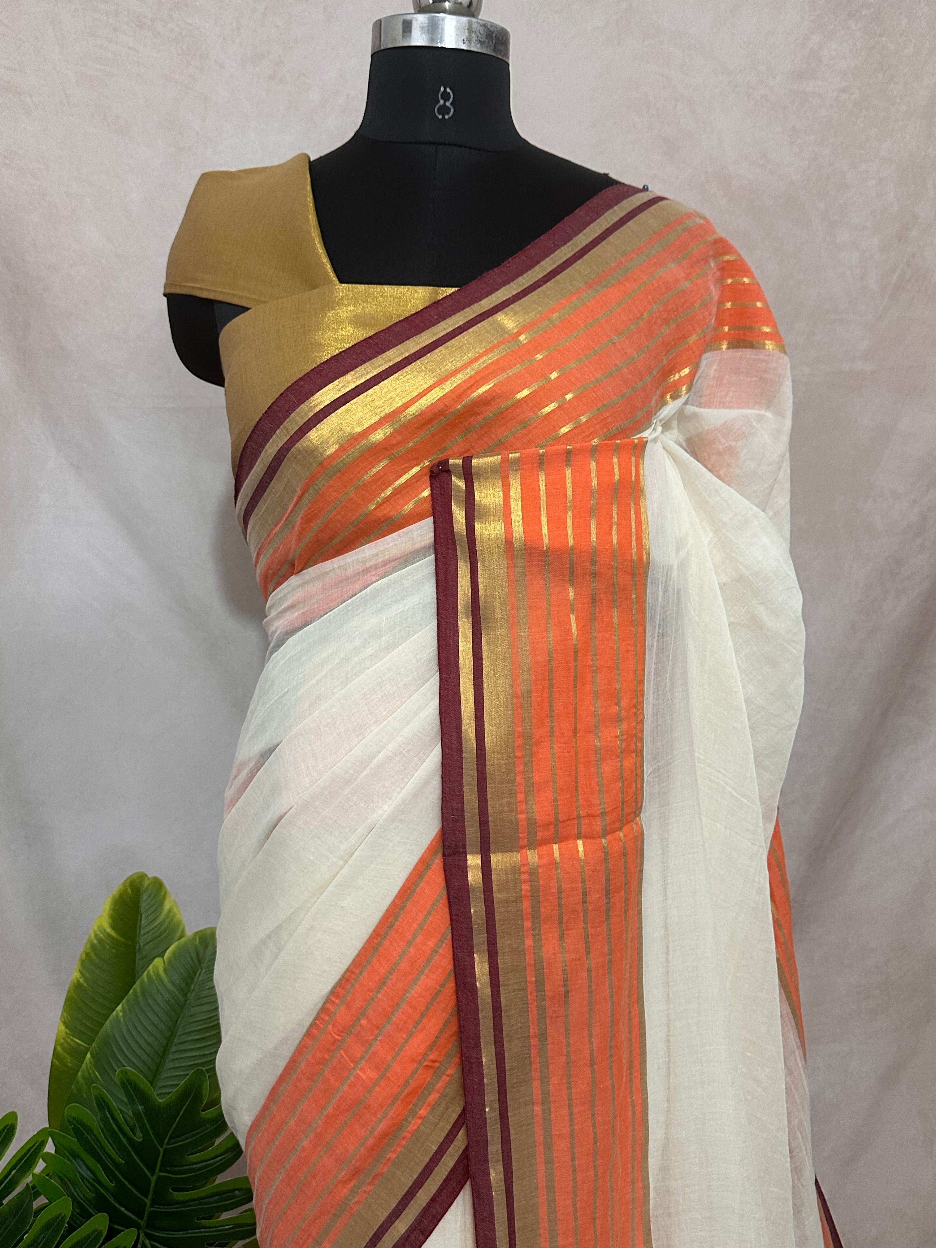 Maroon and orange border 120 count mulcotton saree