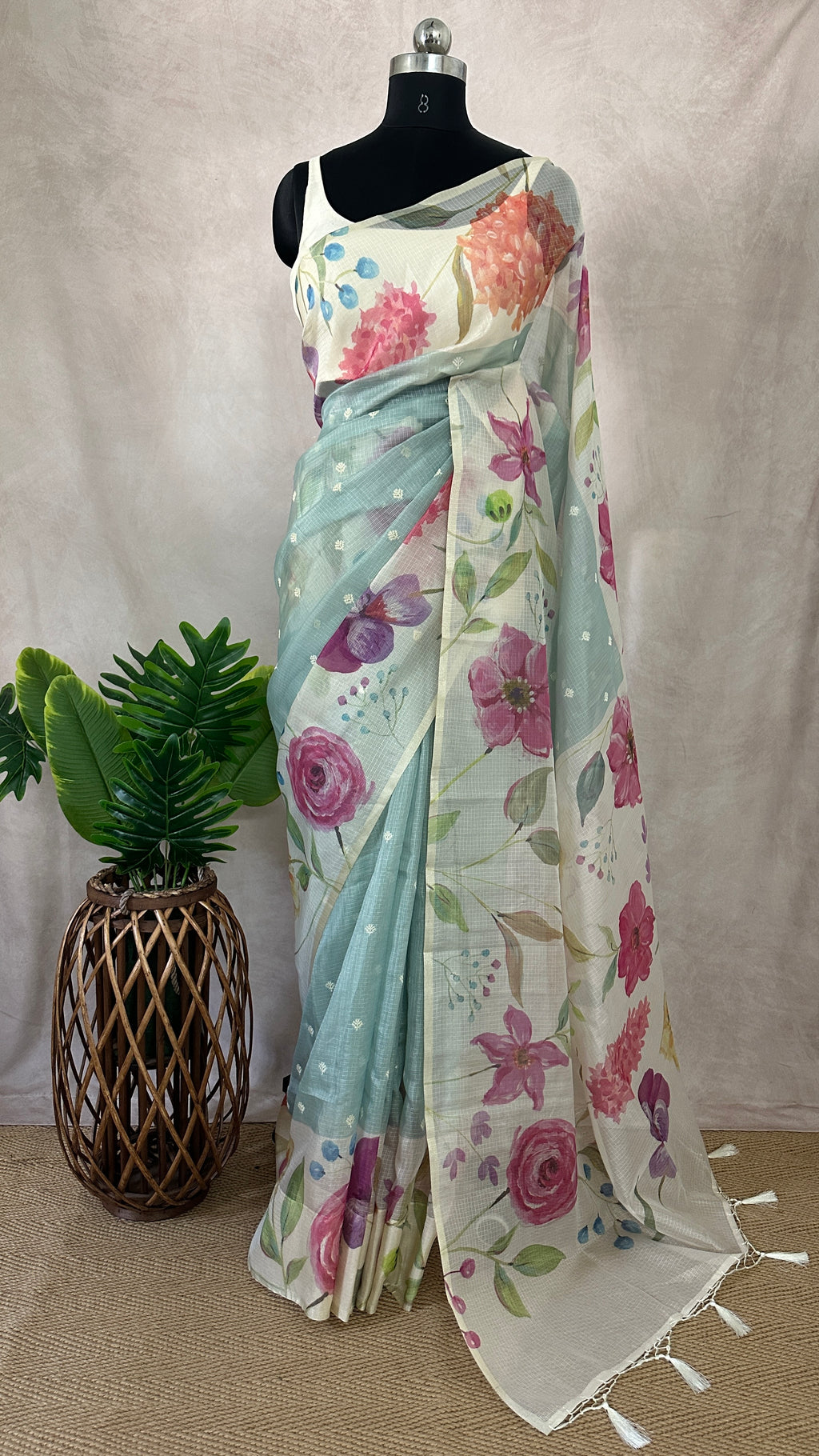 Kota silk saree with floral print border, with BP