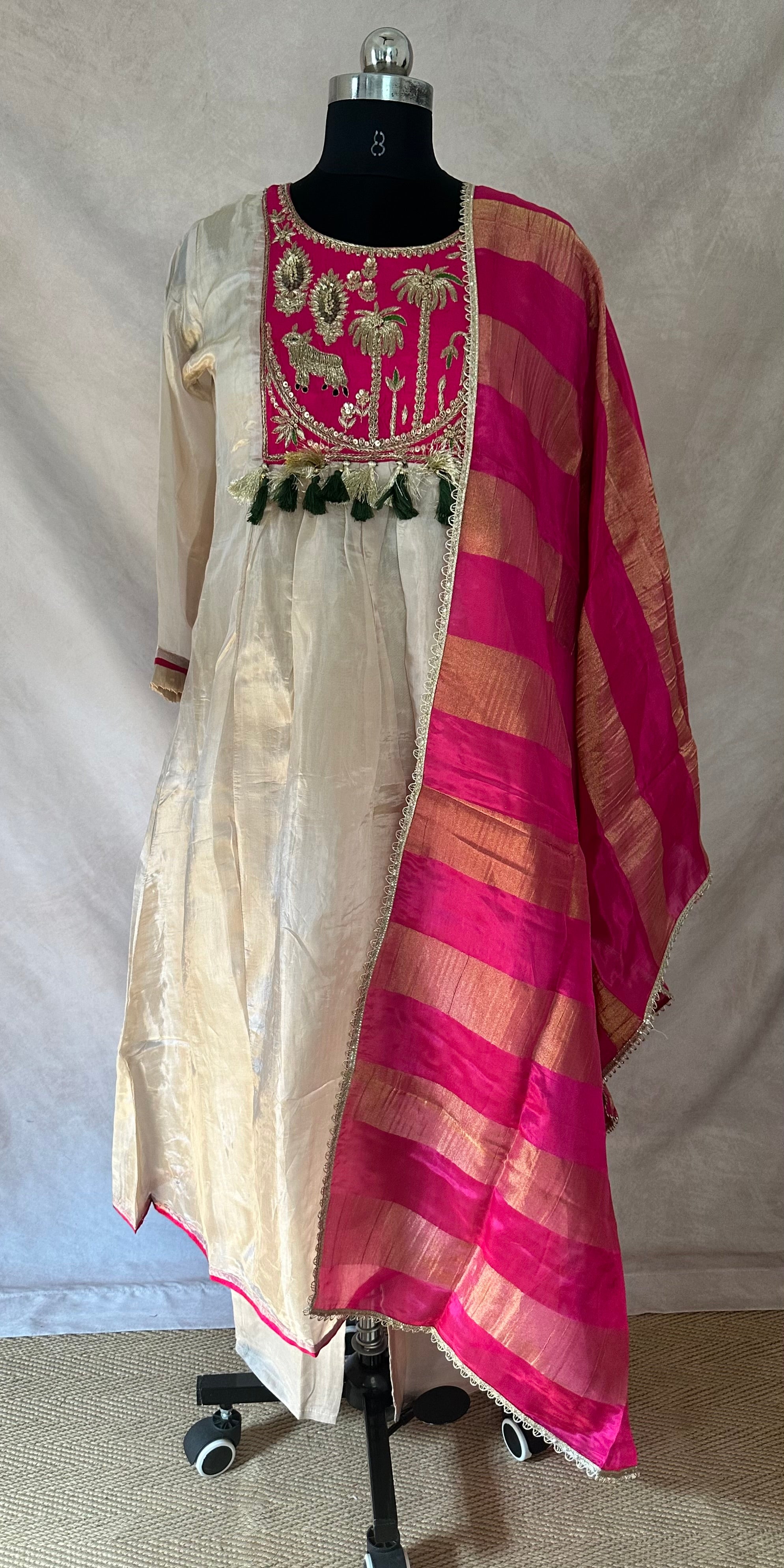 cream color tissue silk kurti with handwork, with bottom and dupatta