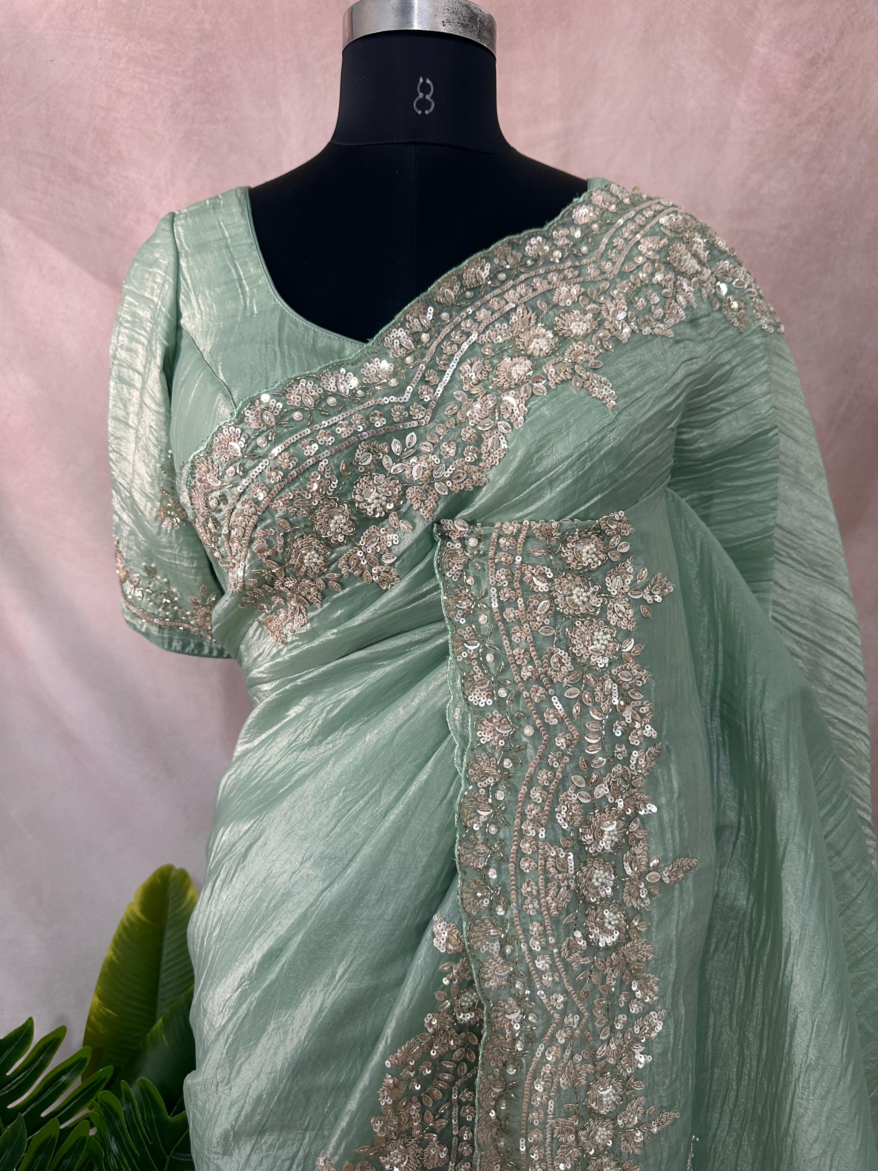Crushed tissue designer saree with stitched blouse and under skirt