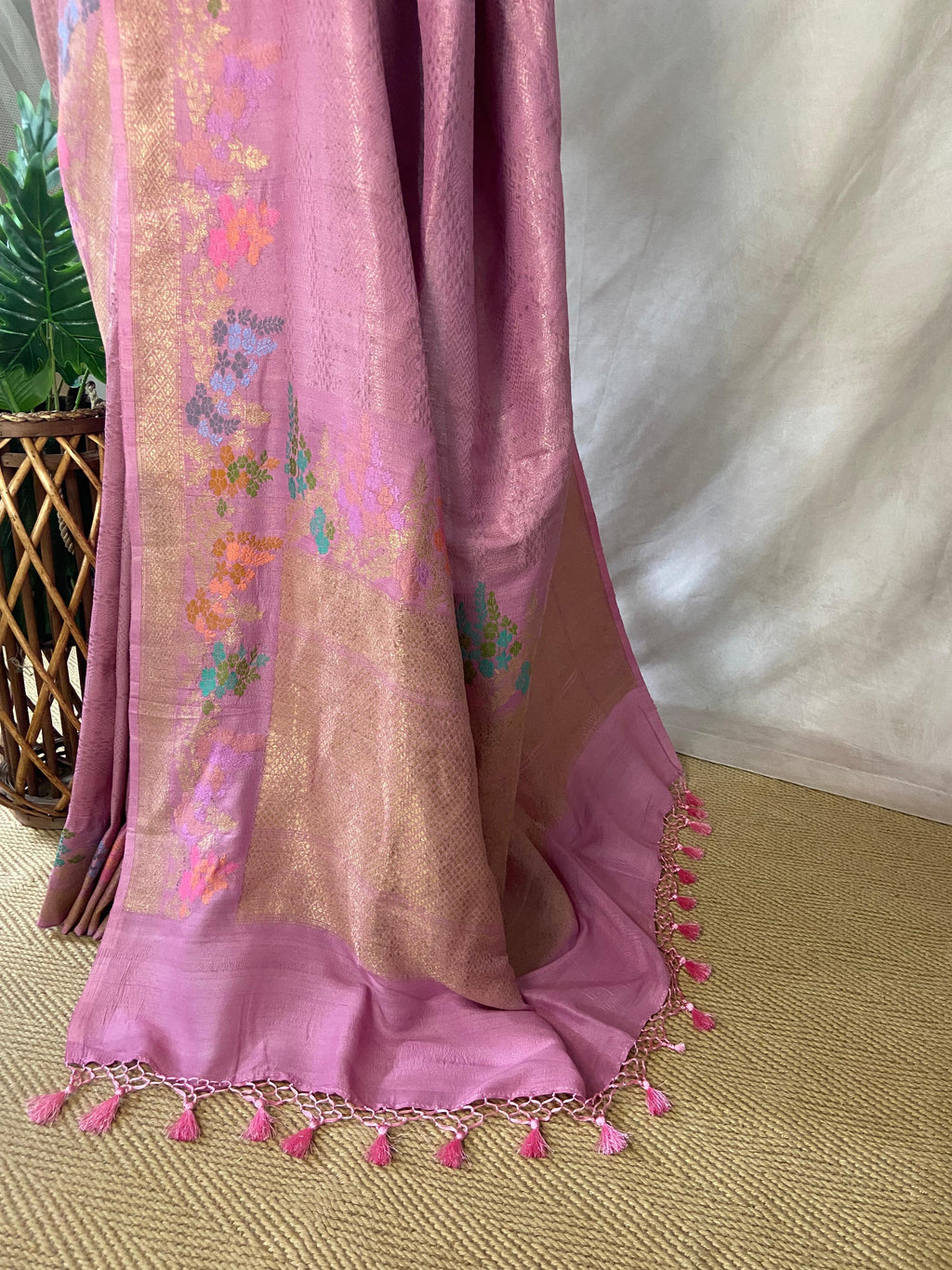 Light pink tussar brocade saree with meenakari weave, stitched blouse