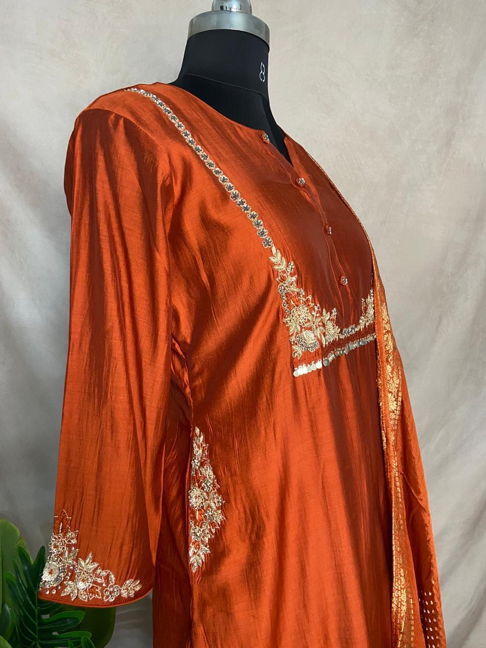 Orange chanderi silk kurti with handwork, bottom and banarsi dupatta