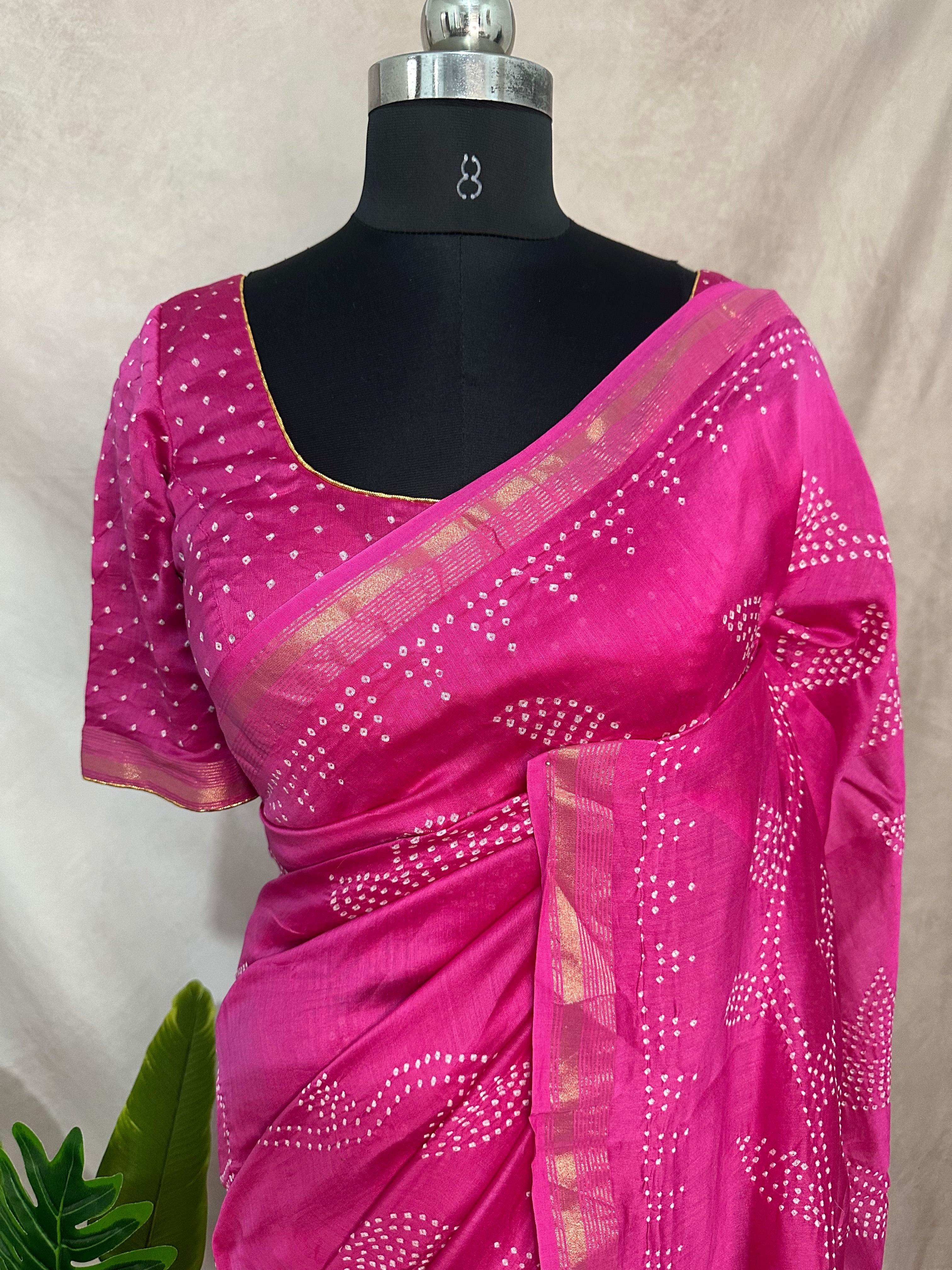 Designer rai bandhej chanderi saree with stitched blouse