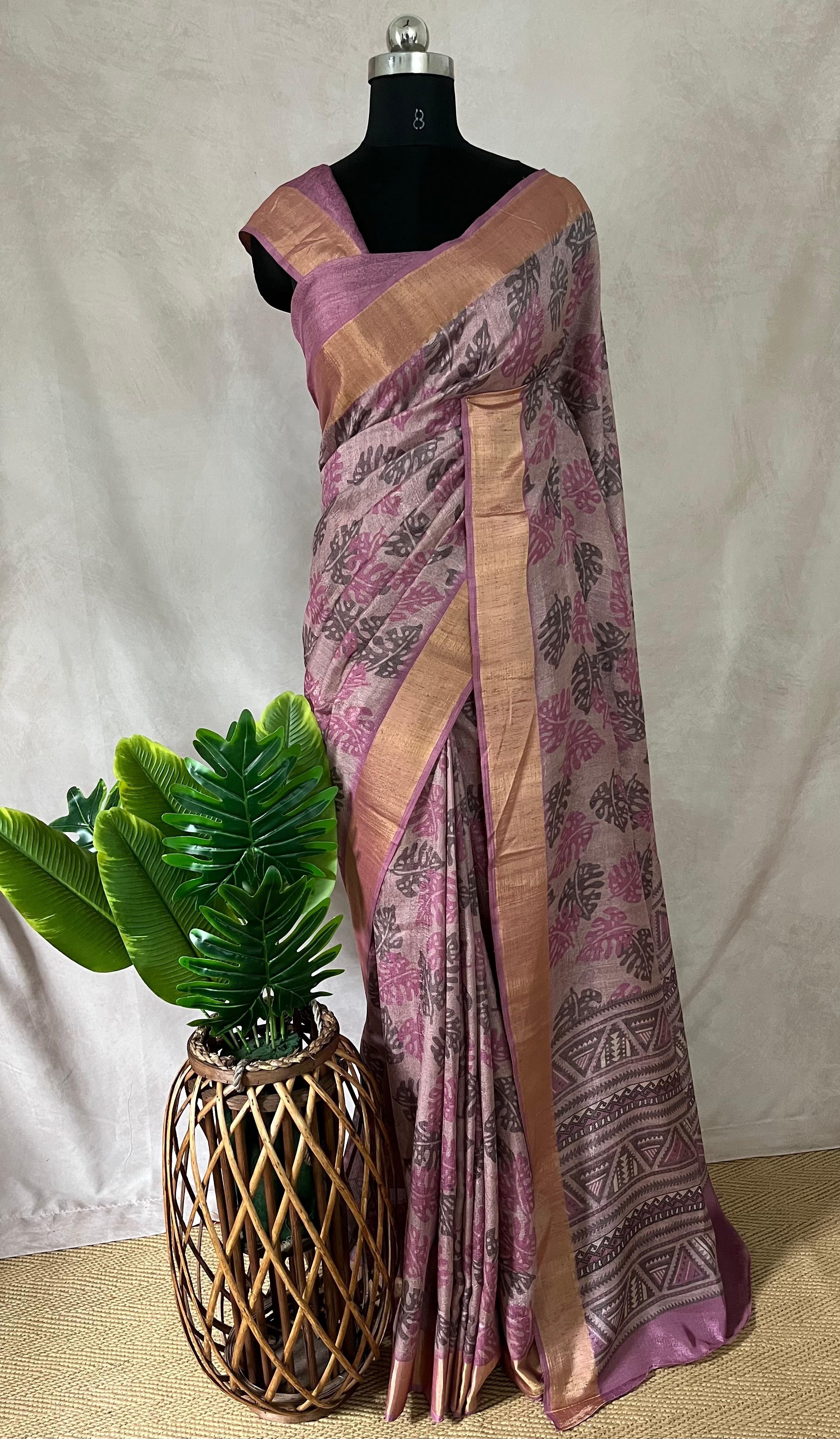 Light pink semi soft tussar silk saree with floral print, with BP
