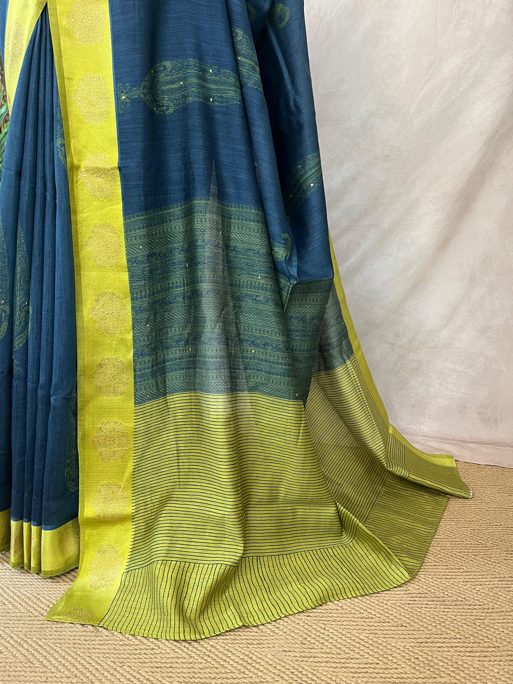 Printed blended tussar silk saree with hand work and stitched blouse