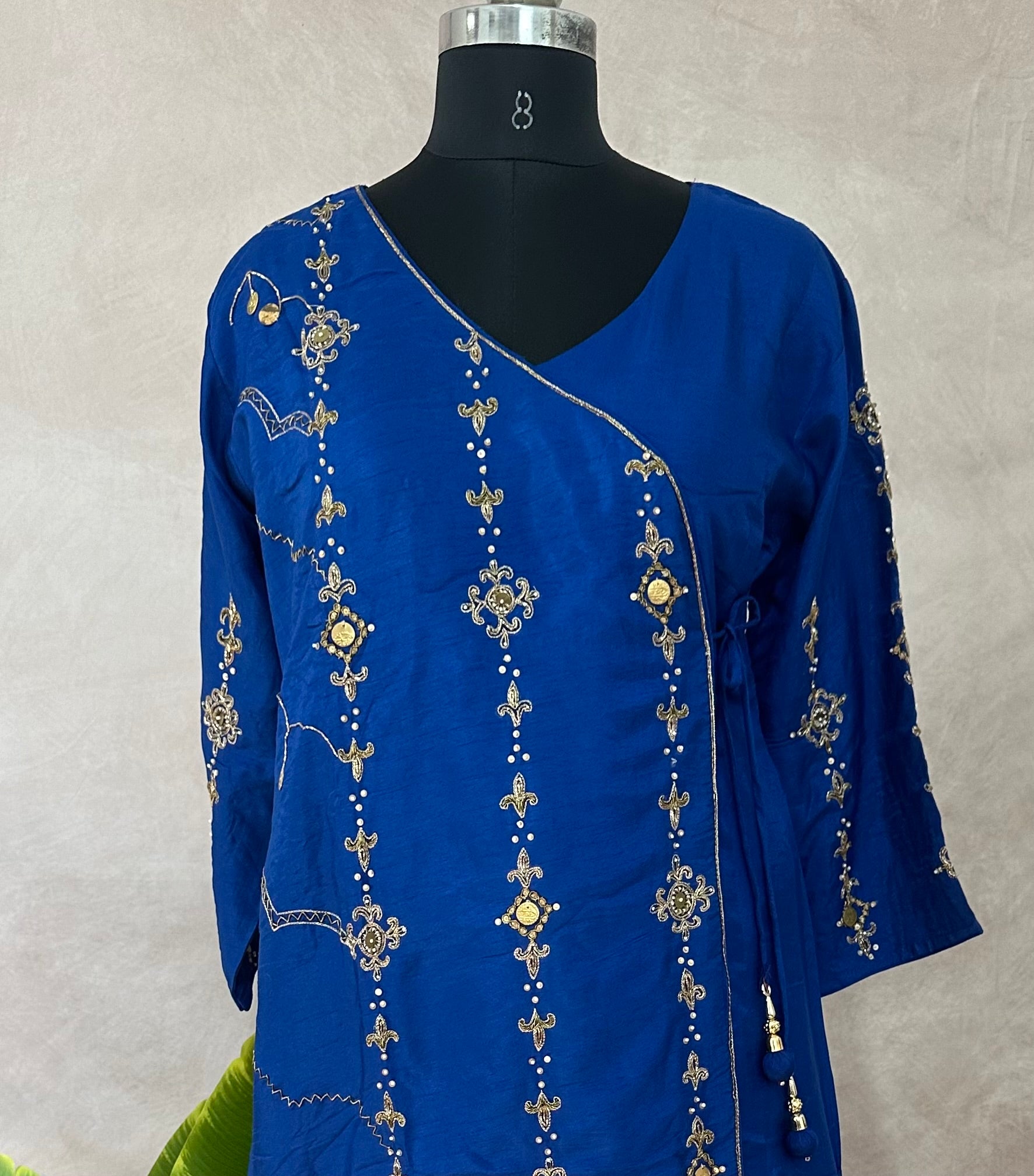 Blue cotton silk designer kurti set with handwork