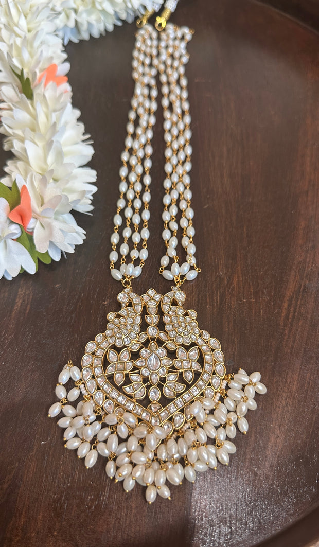Jadau kundan pendent with 4 line pearl chain